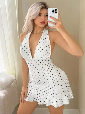 Beleng Beyaz Puantileri Dekolteli Kadın Elbise Beleng 7507