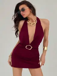 Ruselin Bordo Aksesuar Detaylı Boyundan Bağlamalı Tasarım Elbise Ruselin 5140