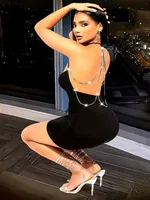 Boyun Askılı Mini Sırtı Zincirli Kadın Elbise Pink Night 2303 Siyah detay görünüm