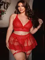 Büyük Beden Jartiyer Takım: Kırmızı Çiçek Desenli Etekli Ruselin 8011 Kırmızı