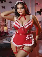 Büyük Beden Jartiyerli Hizmetçi Fantezi Kostüm Kırmızı Renk Ruselin 8012 Kırmızı