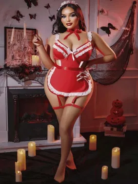 Ruselin Büyük Beden Jartiyerli Hizmetçi Fantezi Kostüm Kırmızı Renk Ruselin 8012 - Alternatif Görünüm