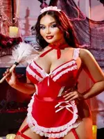 Büyük Beden Jartiyerli Hizmetçi Fantezi Kostüm Kırmızı Renk Ruselin 8012 Kırmızı görsel 4