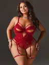 Büyük Beden Kırmızı Seksi Body Fantezi Jartiyer Takım Ruselin 8016