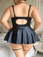 Büyük Beden Lame Parlak Deri Görünümlü Siyah Fantezi Gecelik Takım Jesica Bella JB-15058 Siyah farklı açı