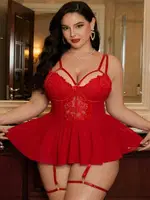 Büyük Beden Dantelli Kırmızı Jartiyerli Babydoll Real Passione J-85 Kırmızı
