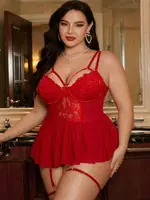 Büyük Beden Dantelli Kırmızı Jartiyerli Babydoll Real Passione J-85 Kırmızı detay görünüm