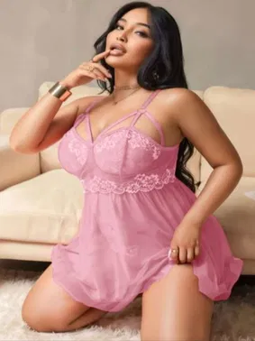 Real Passione Büyük Beden Dantelli Pembe Transparan Fantazi Gecelik Real Passione 13125