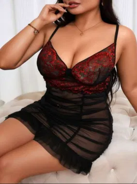 Real Passione Büyük Beden Kırmızı Siyah Dantelli Transparan Fantazi Gecelik Real Passione 13102