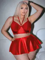 Büyük Beden Lame Suni Deri Etekli Fantazi İç Giyim Takımı Real Passione 40022 Kırmızı detay görünüm