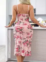 Çiçek Desenli Dantelli Çift Derin Yırtmaçlı Fantezi Gecelik Lily Bianca LB-275 Pembe farklı açı