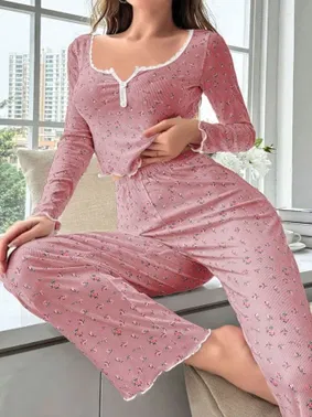 Ruselin Çiçek Desenli Yumuşak Pamuklu Uzun Pijama Takımı Ruselin 5132 - Alternatif Görünüm