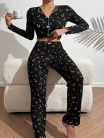 Çiçek ve Fiyonk Desenli Yumuşak Pamuklu Uzun Pijama Takımı Ruselin 5134 Siyah farklı açı