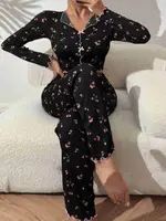 Çiçek ve Fiyonk Desenli Yumuşak Pamuklu Uzun Pijama Takımı Ruselin 5134 Siyah görsel 5