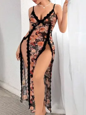 Jesica Bella Çift Yırtmaçlı Çiçekli Dantel Kenarlı Fantazazi Gecelik Jesica Bella JB-15056