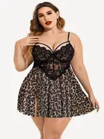 Dantel Dekolteli Leopar Büyük Beden Gecelik Tanga Takım Nathalie NTH01 Siyah görsel 4