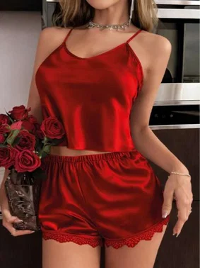 Real Passione Dantel Kenarlı Saten Kırmızı Şort Takım Real Passione 1135 - Alternatif Görünüm