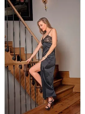 Gallipoli Dantelli Uzun Yirtmaçli Saten Gecelik Elbise String Takim Siyah Gallipoli 31512