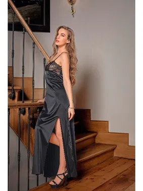 Gallipoli Dantelli Uzun Yirtmaçli Saten Gecelik Elbise String Takim Siyah Gallipoli 31512 - Alternatif Görünüm