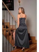 Dantelli Uzun Yirtmaçli Saten Gecelik Elbise String Takim Siyah Gallipoli 31512 Siyah görsel 4