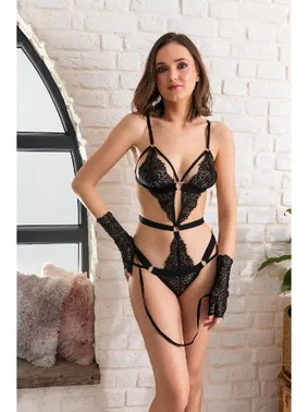 Gallipoli Fantezi Dantel Badi Eldiven Takim Siyah Gallipoli 6658