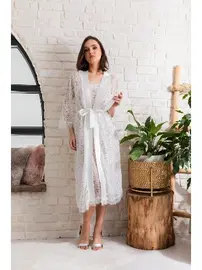 Gallipoli Gelin Set Transparan Midi Boy Kuşakli Sabahlik Ekru Gallipoli 12176