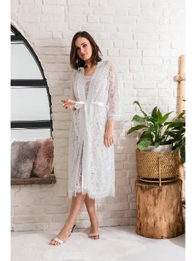 Gallipoli Gelin Set Transparan Midi Boy Kuşakli Sabahlik Ekru Gallipoli 12176 - Alternatif Görünüm