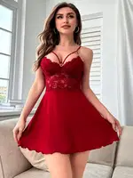 Göğsü Dantelli Saten Kırmızı Fantazi Gecelik Real Passione 2132 Bordo