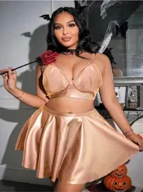 Real Passione Gold Büyük Beden Parlak Deri Görünümlü Etekli Takım Real Passione 40023