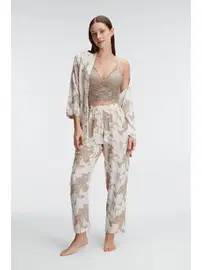 Anıl İp Askılı V Yaka KADIN Çiçek Desenli Yazlık Dokuma Dantel Detaylı Pijama Takımı Sabahlık Anıl 5830