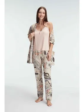 Anıl İp Askılı V Yaka KADIN Viskon Çiçek Desenli Yazlık Dantel Detaylı Pijama Takımı Sabahlık Anıl 5840