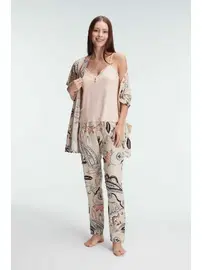 Anıl İp Askılı V Yaka KADIN Viskon Çiçek Desenli Yazlık Dantel Detaylı Pijama Takımı Sabahlık Anıl 5840