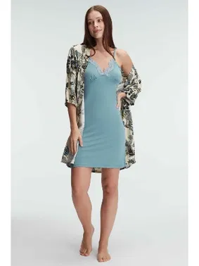 Anıl İp Askılı V Yaka Kadın Viskon Çiçek Desenli Yazlık Mini Dantel Detaylı Gecelik Sabahlık Anıl 5692