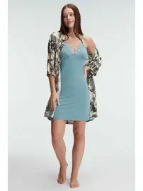 Anıl İp Askılı V Yaka Kadın Viskon Çiçek Desenli Yazlık Mini Dantel Detaylı Gecelik Sabahlık Anıl 5692