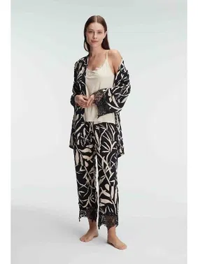 Anıl İp Askılı V Yaka Kadın Viskon Tropikal Yazlık Örme Dantel Detaylı Pijama Takımı Sabahlık Anıl 5823