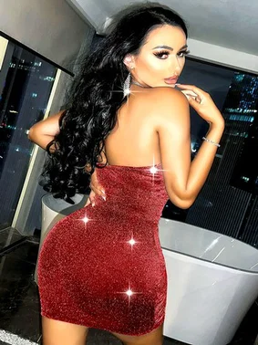 Pink Night Işıltılı Boyundan Bağlı Kırmızı Sırt Dekolteli Elbise Pink Night 1130 - Alternatif Görünüm