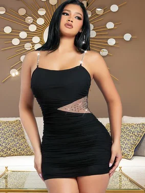 Pink Night Işıltılı Zincirli Siyah Göbek Bölümü Pırıltılı Mini Elbise Pink Night 2302