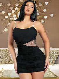 Pink Night Işıltılı Zincirli Siyah Göbek Bölümü Pırıltılı Mini Elbise Pink Night 2302