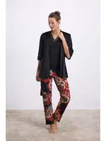 Kadın Desenli Pantolonlu 3’lü Set – Sabahlık, Dantel Detaylı Atlet ve Pantolon Takımı Anıl 11546 Siyah