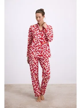 Anıl Kadın Desenli Uzun Kollu Gömlek Yaka Pijama Takımı Nefes Alabilir Yumuşak Kumaş (Jersey) Anıl 11564