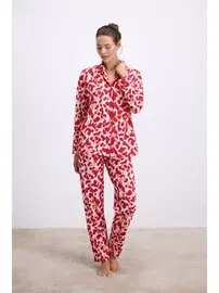 Anıl Kadın Desenli Uzun Kollu Gömlek Yaka Pijama Takımı Nefes Alabilir Yumuşak Kumaş (Jersey) Anıl 11564