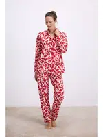 Kadın Desenli Uzun Kollu Gömlek Yaka Pijama Takımı Nefes Alabilir Yumuşak Kumaş (Jersey) Anıl 11564 Kırmızı