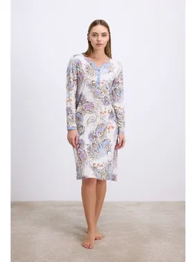 Anıl Kadın Desenli Uzun Kollu Viskon Gecelik – Düğme Detaylı, Yumuşak ve Nefes Alabilen Kumaş Anıl 11570