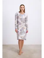 Kadın Desenli Uzun Kollu Viskon Gecelik – Düğme Detaylı, Yumuşak ve Nefes Alabilen Kumaş Anıl 11570 Çivit