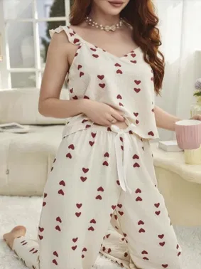 Ruselin Kadın Ekru Kırmızı Kalp Desenli Yumuşak Pamuklu Uzun Pijama Takımı Ruselin 5136 - Alternatif Görünüm