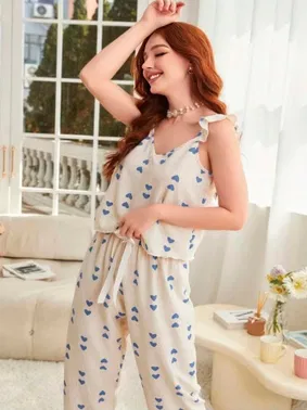 Ruselin Kadın Ekru Mavi Kalp Desenli Kolsuz Pijama Takımı Ruselin 5137 - Alternatif Görünüm