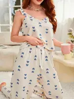 Kadın Ekru Mavi Kalp Desenli Kolsuz Pijama Takımı Ruselin 5137 Ekru farklı açı