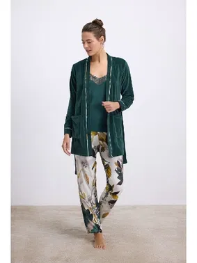 Anıl Kadın Kadife Sabahlık, Dantelli Atlet ve Desenli Pantolon Pijama Takım Anıl 11554