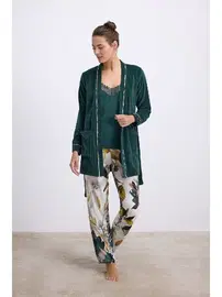 Anıl Kadın Kadife Sabahlık, Dantelli Atlet ve Desenli Pantolon Pijama Takım Anıl 11554