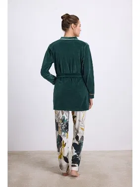 Anıl Kadın Kadife Sabahlık, Dantelli Atlet ve Desenli Pantolon Pijama Takım Anıl 11554 - Alternatif Görünüm